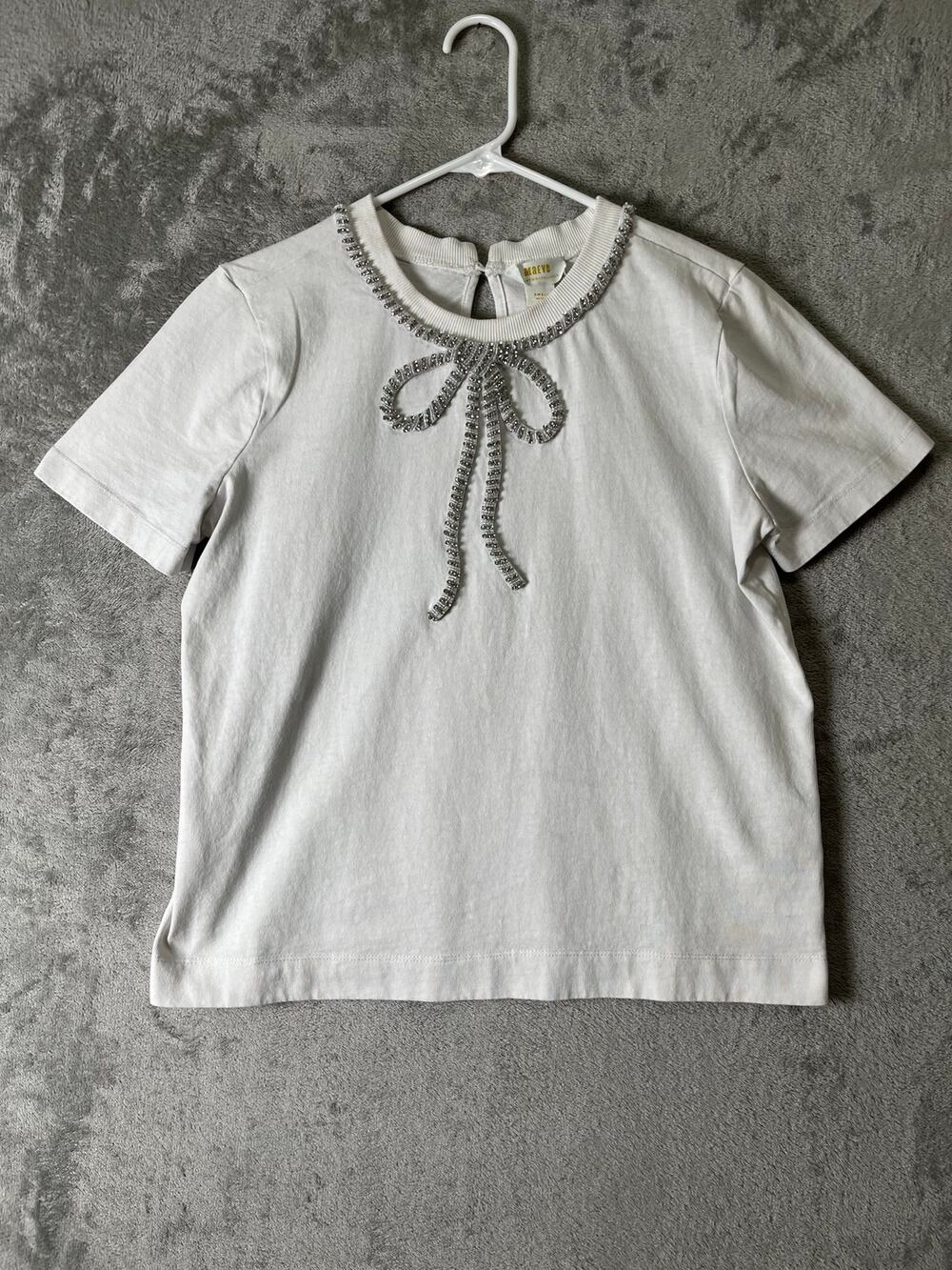 Maeve Anthropologie White Cotton Embellished Bow Neck Short Sleeve Top Small